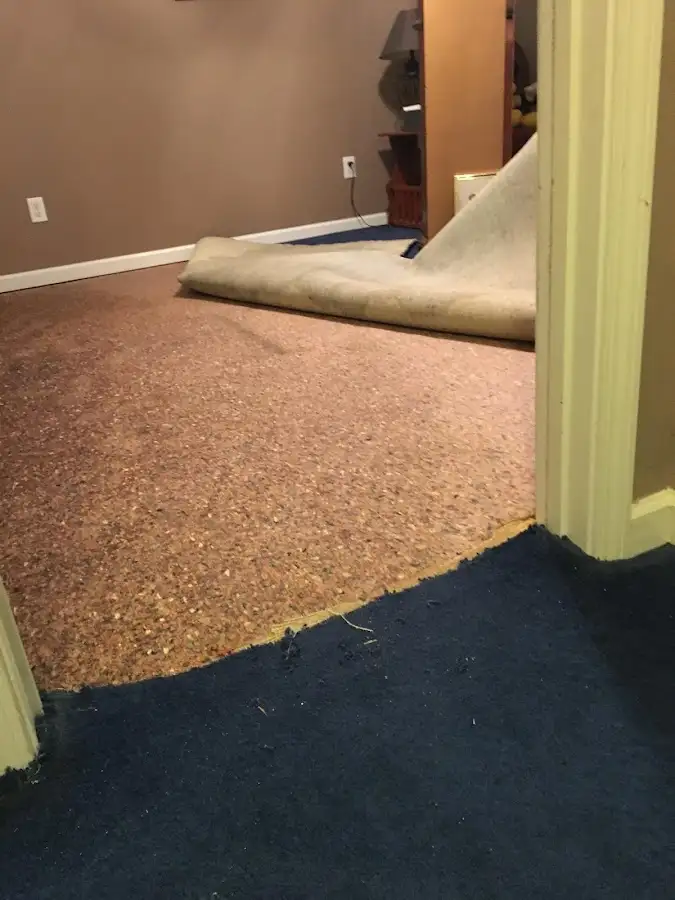 Carpet pad removal revealing water damage during Water Mitigation Services in Palm Springs